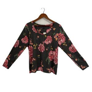 Jessica Simpson Top Women 1X Gray Pink Floral Tahani Stretch Henley Casual NWT